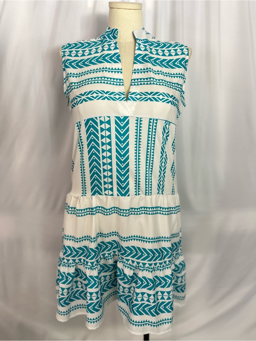 West Coast Turquoise White Tribal Print Sleeveless Shift Dress Size Large (1327) - Picture 3 of 11